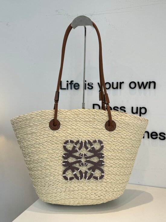 Loewe Handbags - Loewe Natural Straw Tote with Brown Leather Handles and Purple Anagram
